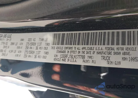 2020 Ram 1500 Laramie из США, поврежденный, VIN 1C6SRFJT6LN177788